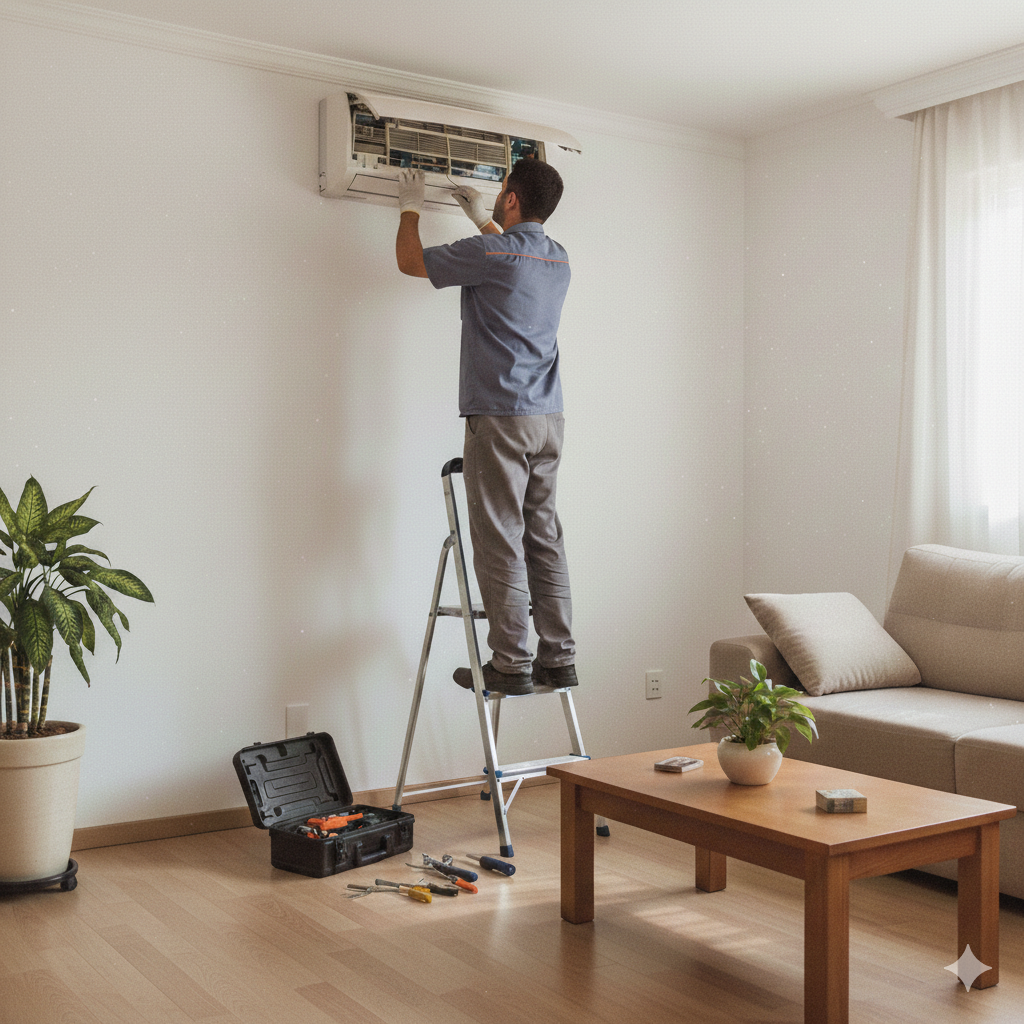 Técnico realizando limpeza profunda em ar-condicionado split